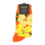 A pair of yellow crew socks featuring a vibrant chrysanthemum floral design.